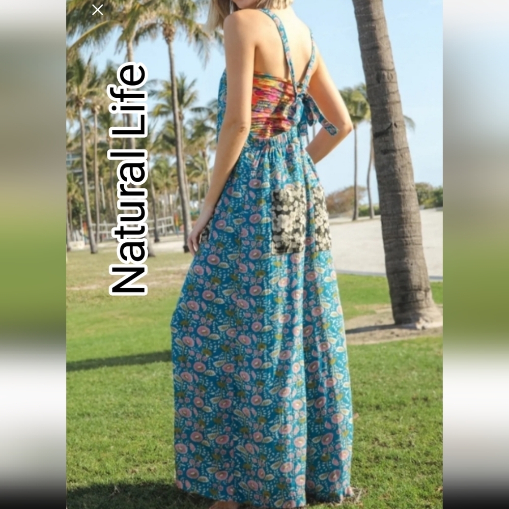 NWT NATURAL LIFE Dakota Tie Overall Black Blue Mix Floral 🖤 & 💙
